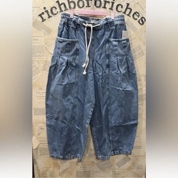 Free People Margo Barrel Pull On Jeans We The Free Rope Tie Bergamot Blue - Picture 6 of 7